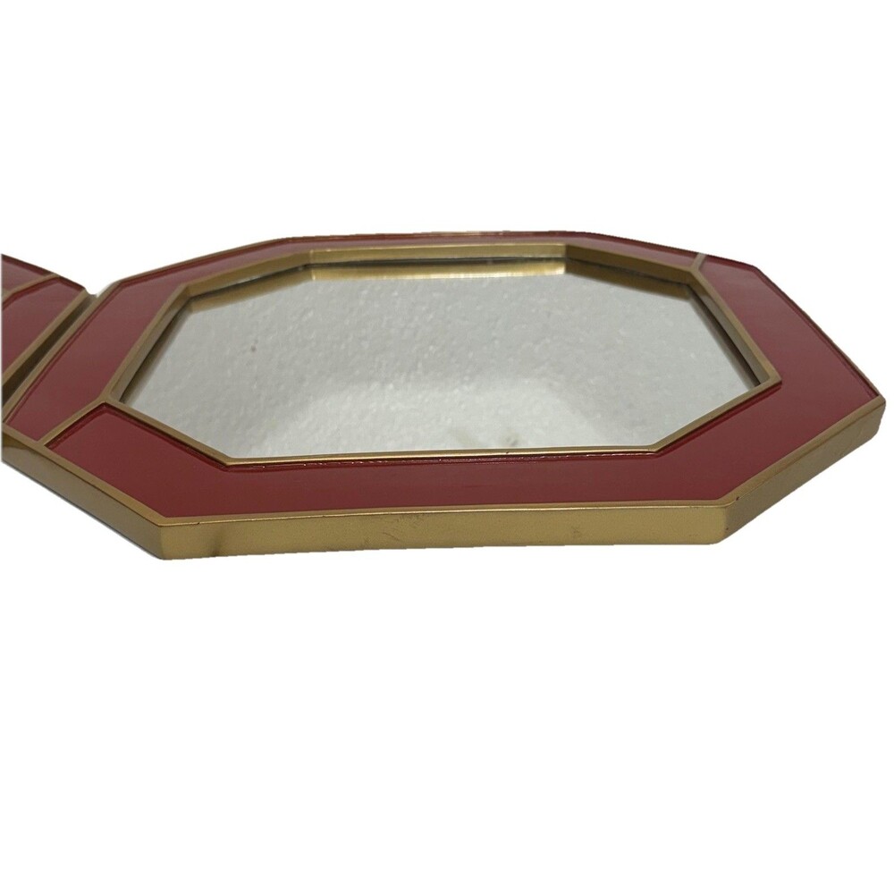 Nate Berkus La Rouse Designer Red Enamel Goldtone Octagon Wall Mirror Set MCM - Picture 9 of 14